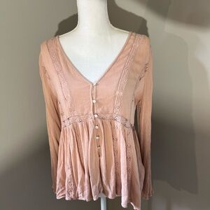 American Eagle Blush Pink Boho Lace Button Peasant Bell Sleeves Top